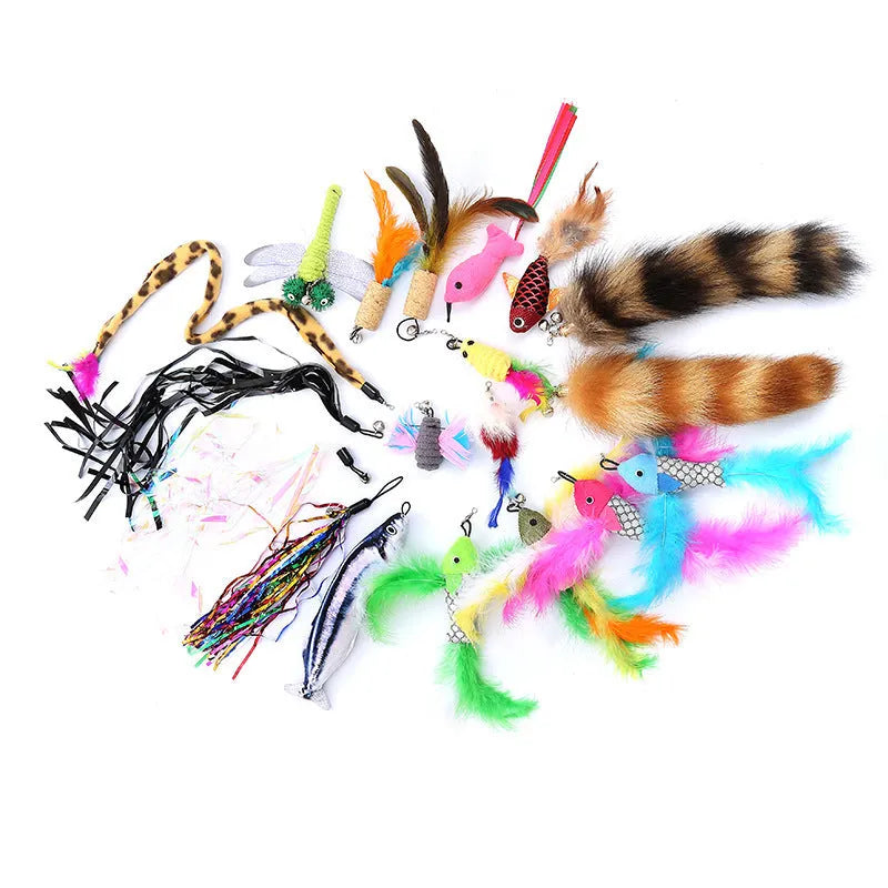 Cat teasing pole set showing two handheld fishing rods with feather replacement heads