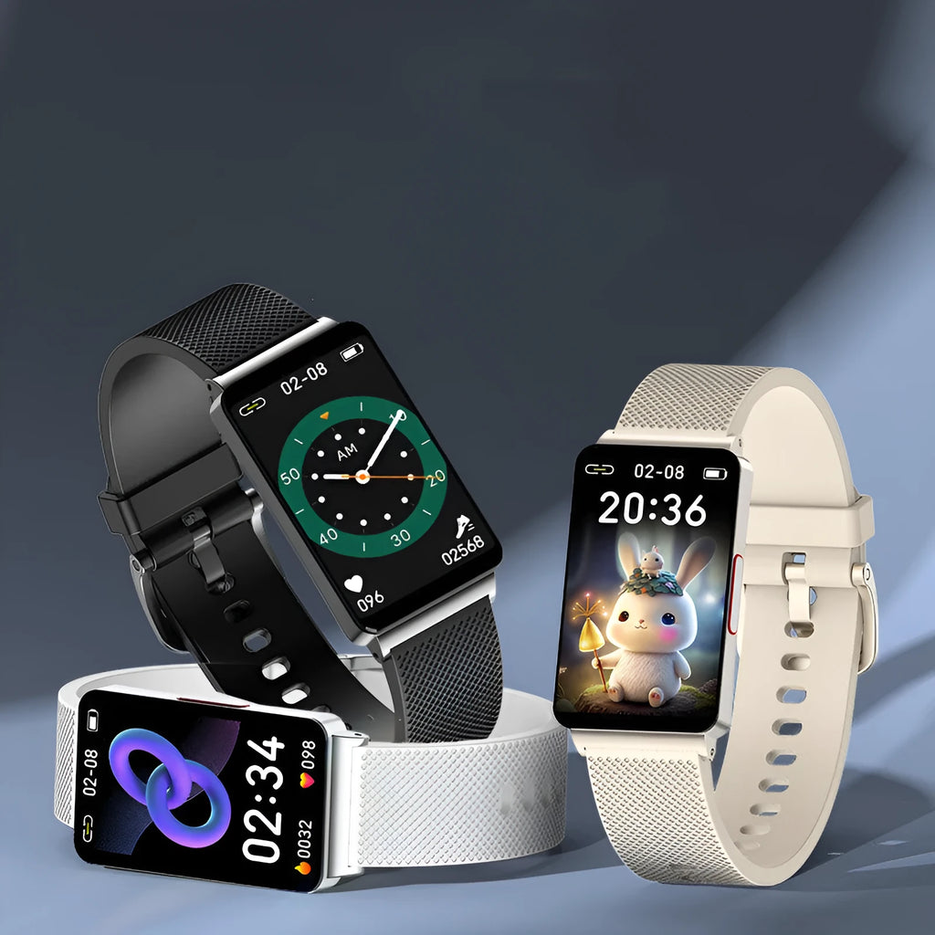 EP08 blood glucose smart bracelet with touchscreen on wrist in black, gold or silver colours