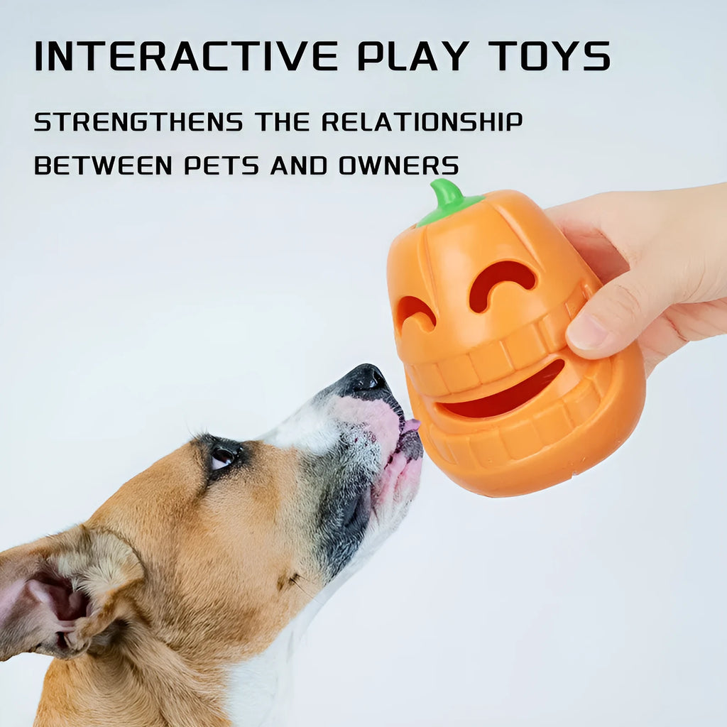 Orange Halloween pumpkin shaped dog chew toy with treat dispensing funnel opening