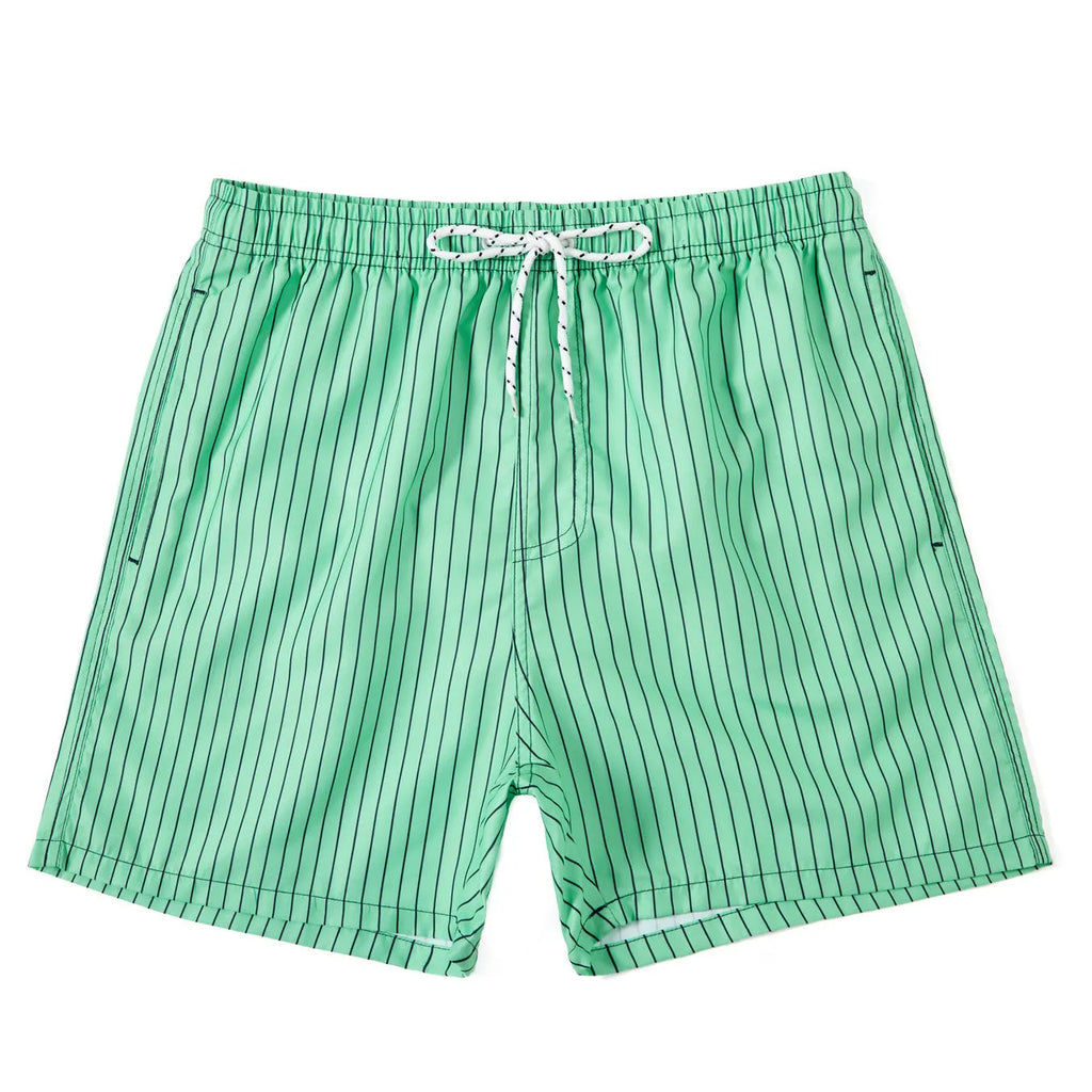 Men's navy blue striped beach shorts with straight leg opening and triangle lining
