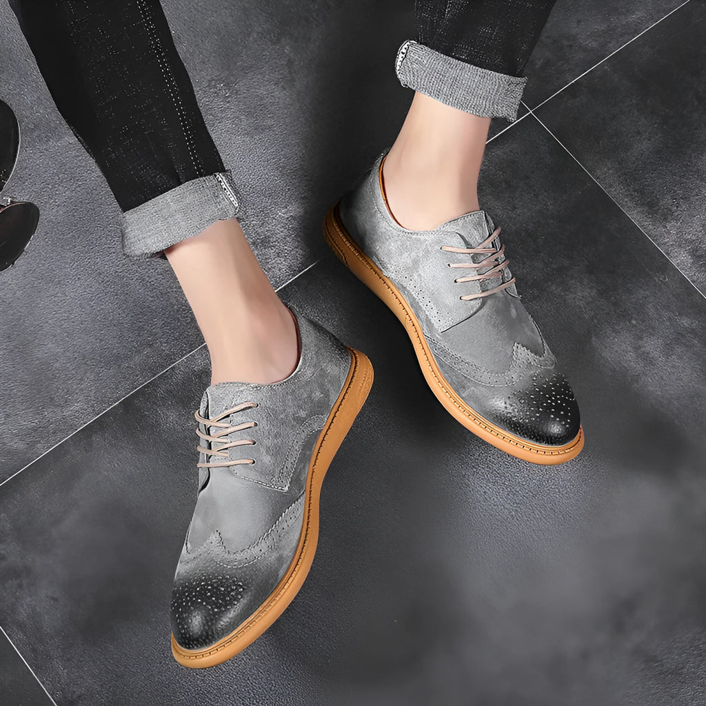 Men's black genuine leather business shoes with lace-up front and decorative stitching