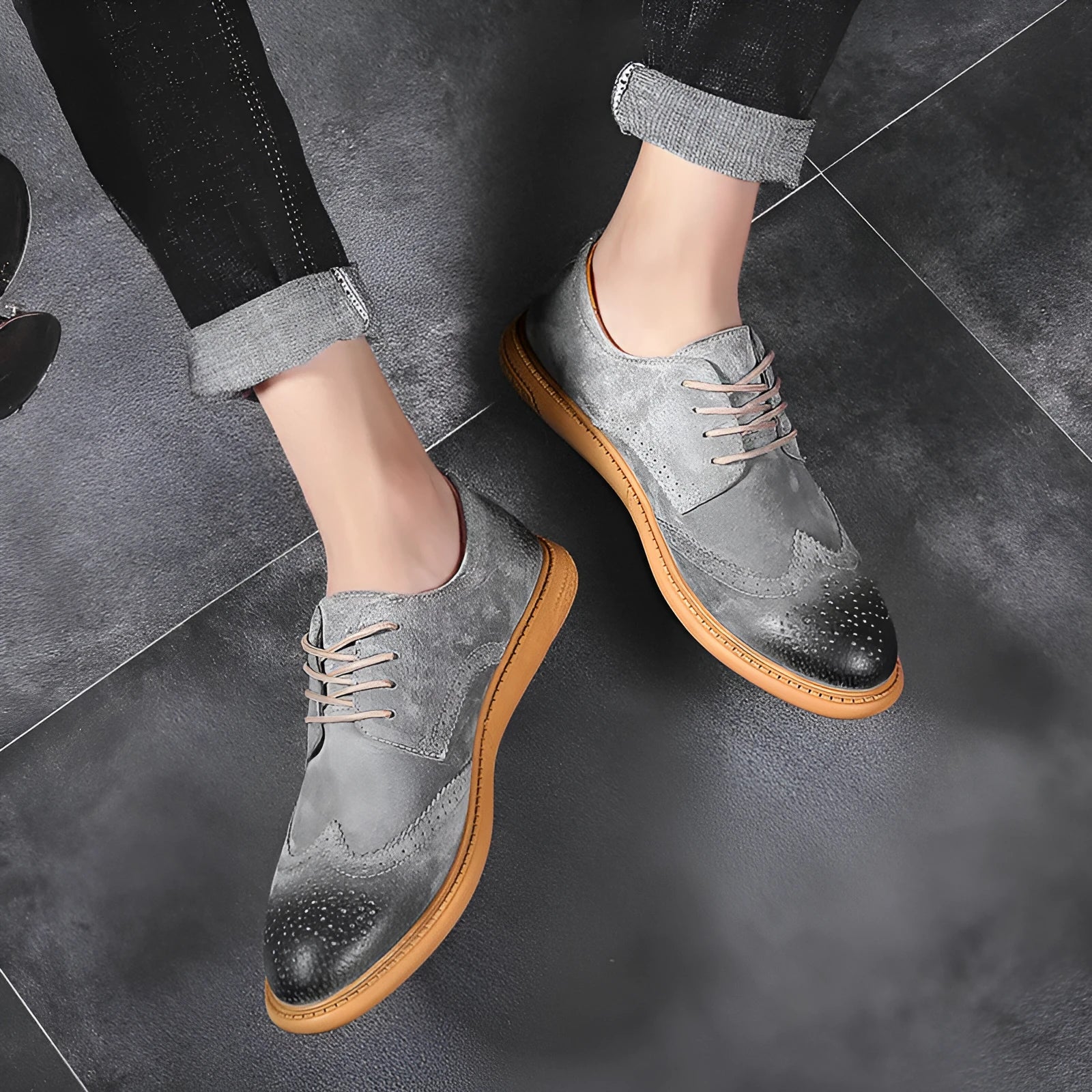 Men's black genuine leather business shoes with lace-up front and decorative stitching