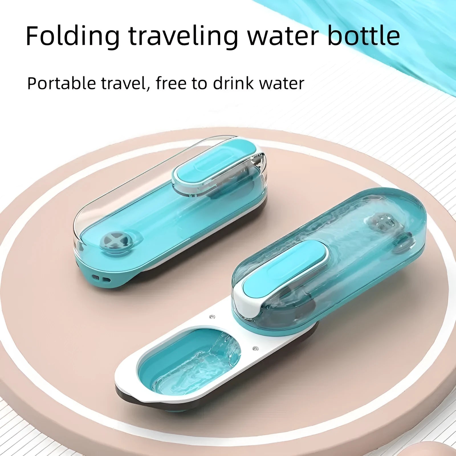 Portable dog water bottle with foldable silicone drinking bowl in blue colour