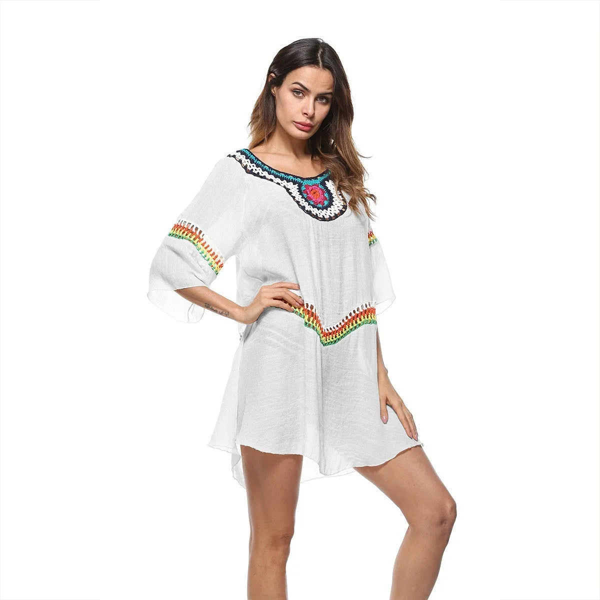 Crocheted ethnic style sun protection clothing beach cover-up in apricot colour