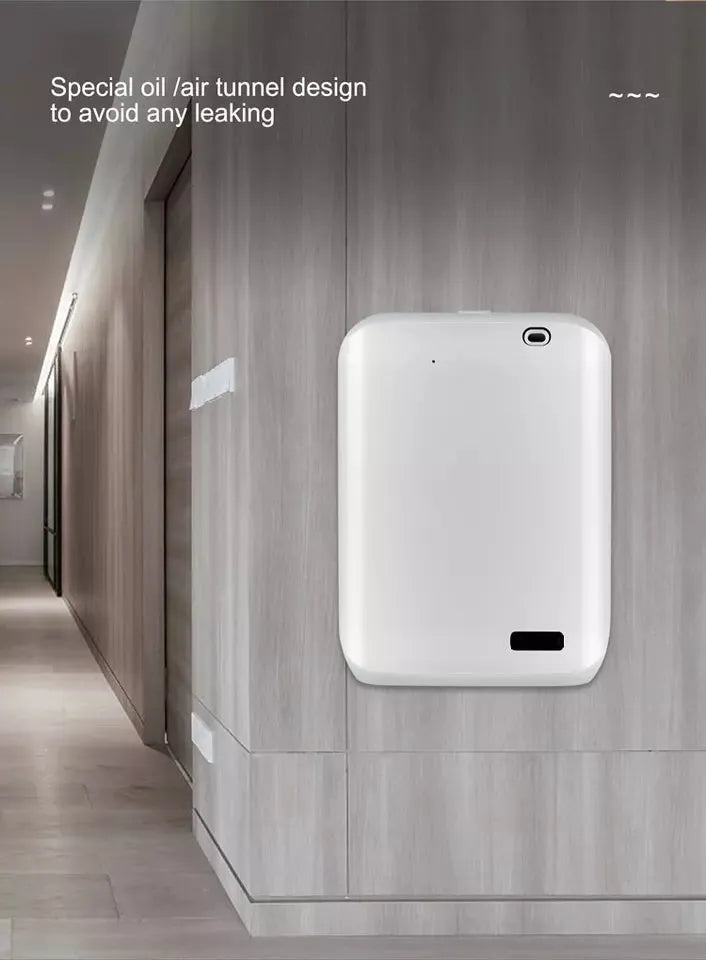 HVAC wall mount diffuser with app control in white or black colour, showing dimensions and plug adapter options