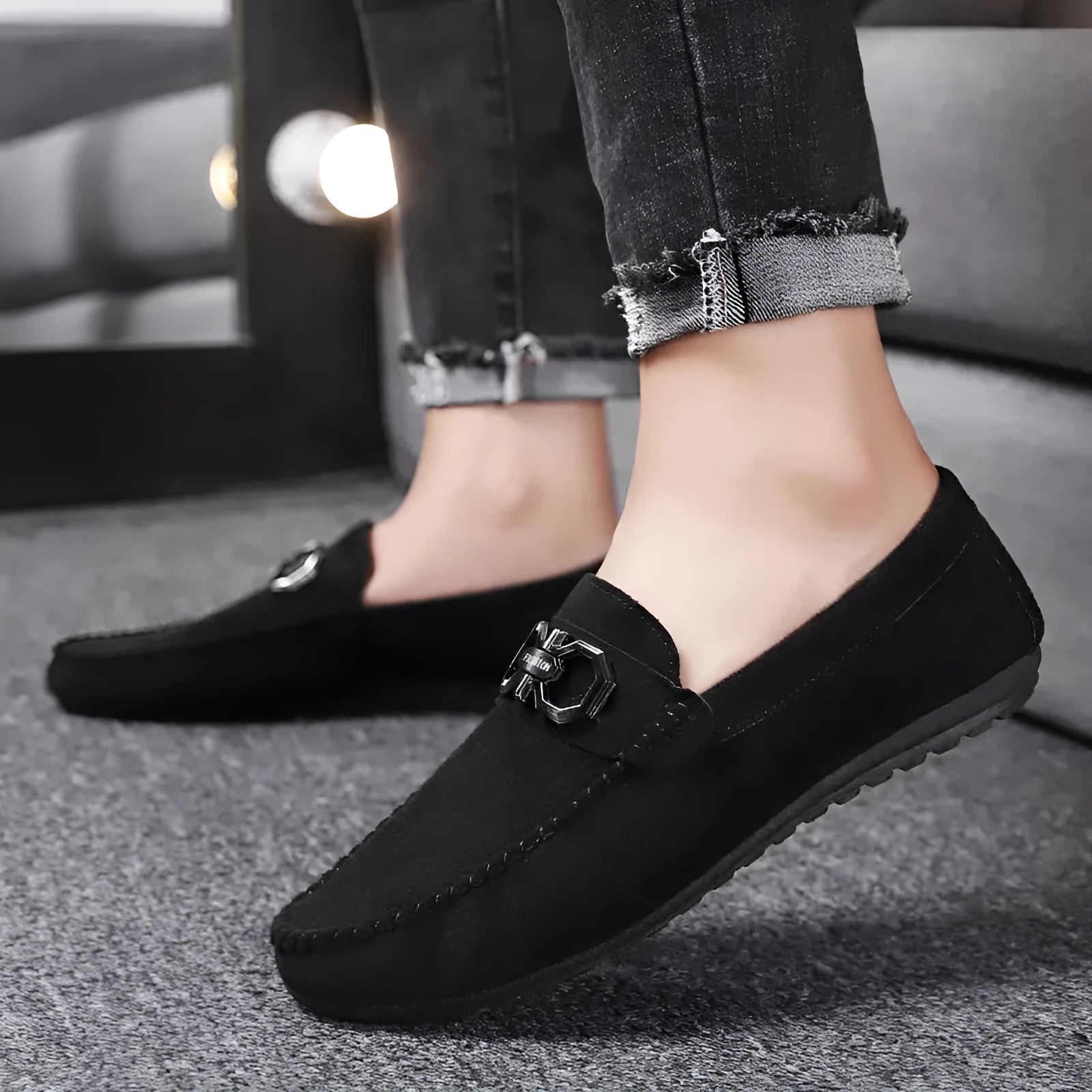 Men's black and grey casual shoes with suede and leather uppers and rubber soles