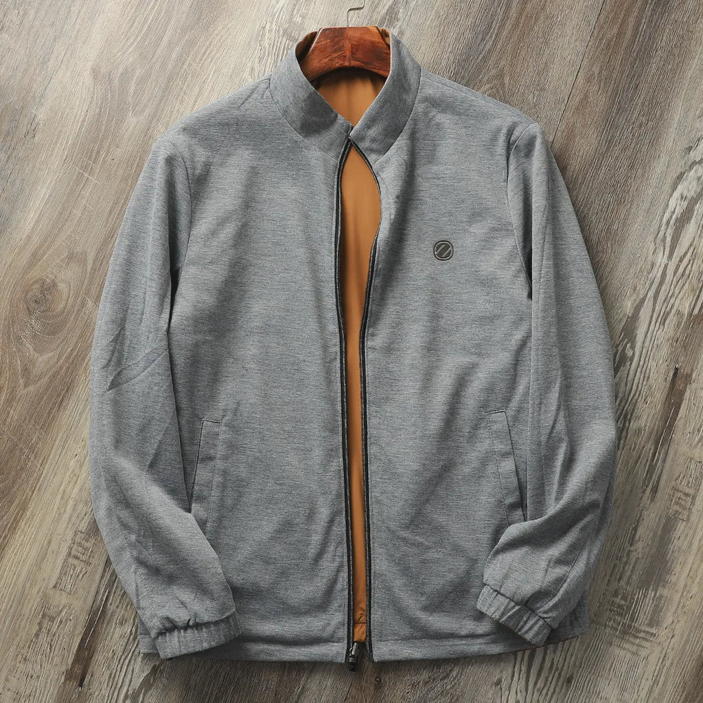 Men's stand collar casual jacket in Army Green, shown on a model.
