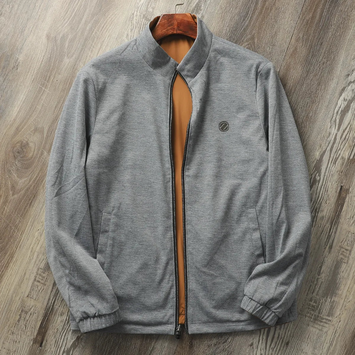 Men's stand collar casual jacket in Army Green, shown on a model.