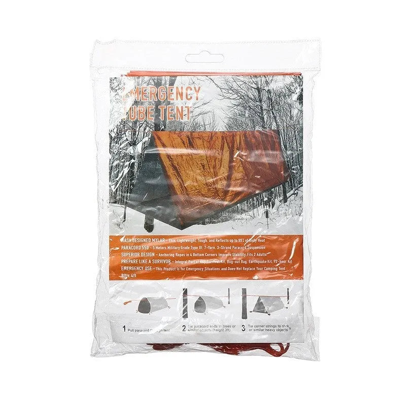 Orange portable disaster relief tent with sleeping bag emergency shelter kit