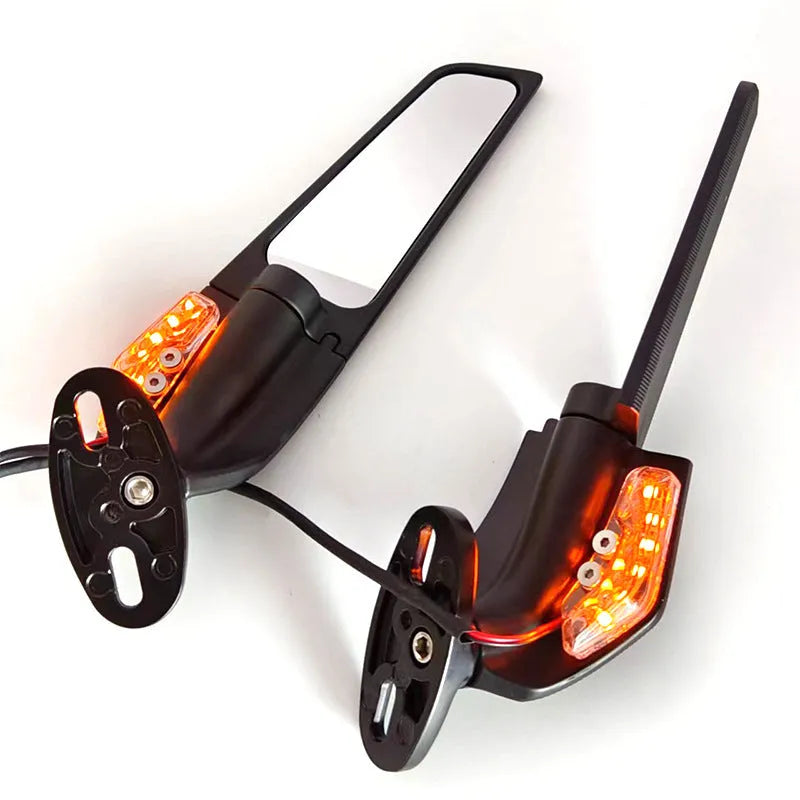 SH-620-5 motorcycle rearview mirror with yellow LED light, aluminium alloy housing, and convex glass lens.