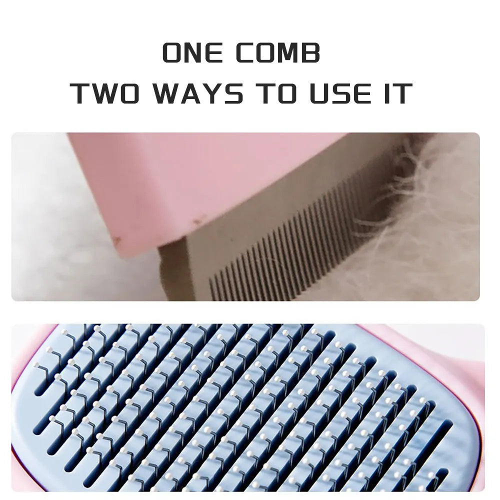 Blue double-sided pet grooming brush showing deshedding rake and dematting comb on a white background.