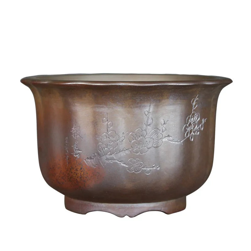 Purple sand ceramic flower pot with antique carved design for indoor bonsai plants