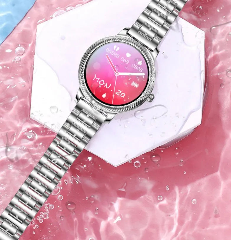 AK38 ladies smart watch with stainless steel band and 1.09-inch display