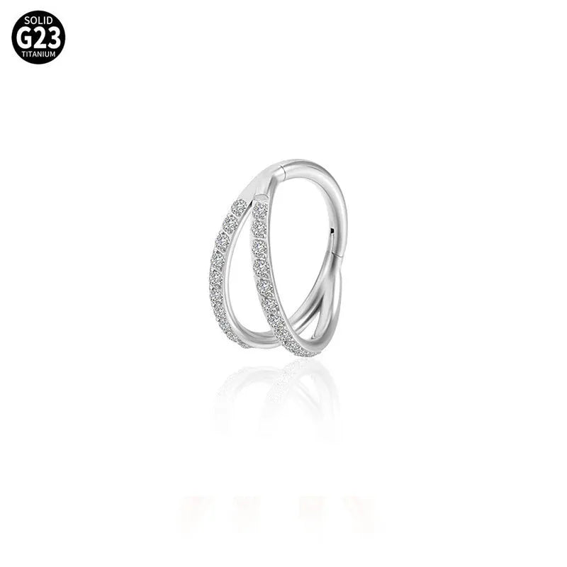 G23 titanium alloy lip and nose ring in gold or steel colour with diamond treatment, showing gauge and length sizes.