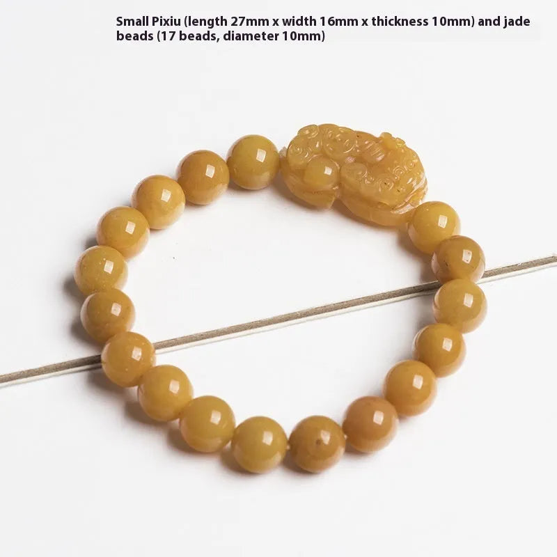 Carved golden thread jade money bracelet showing detail, available in large and small sizes with unisex design.