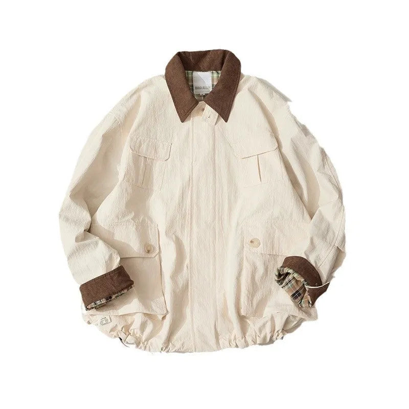 Apricot casual polyester jacket with side seam pockets on a hanger.