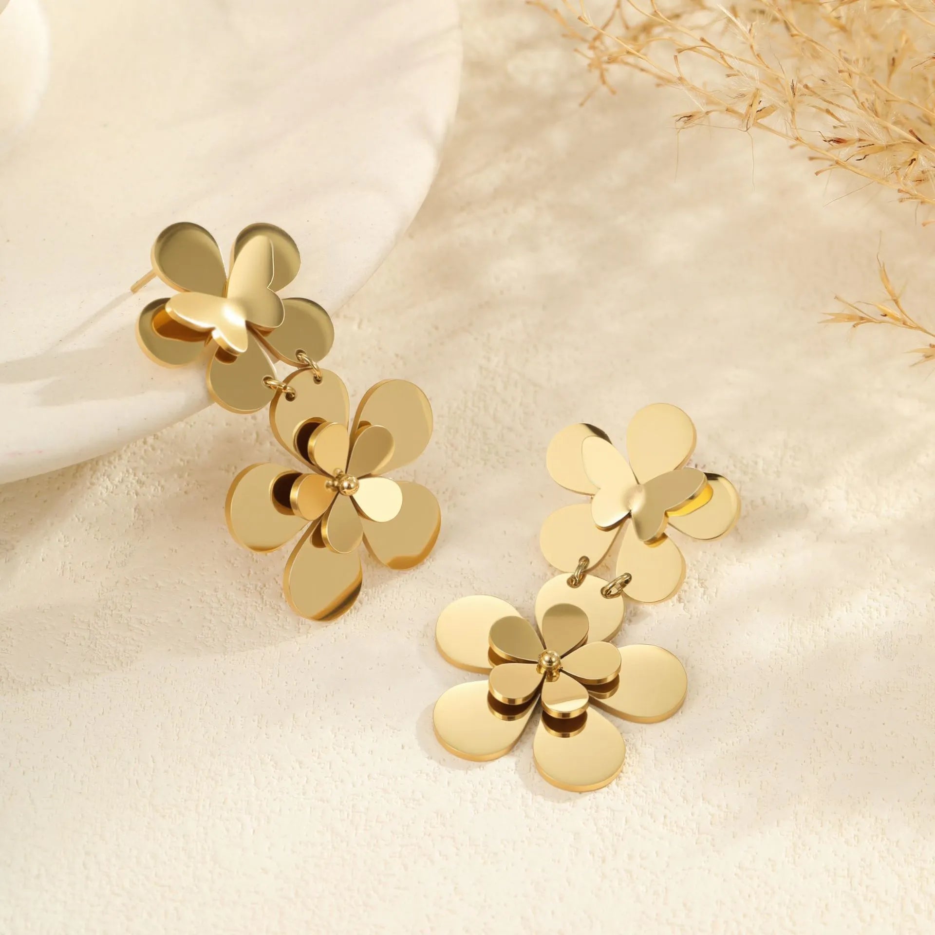 Gold flower butterfly stainless steel earrings with 18K plating for women