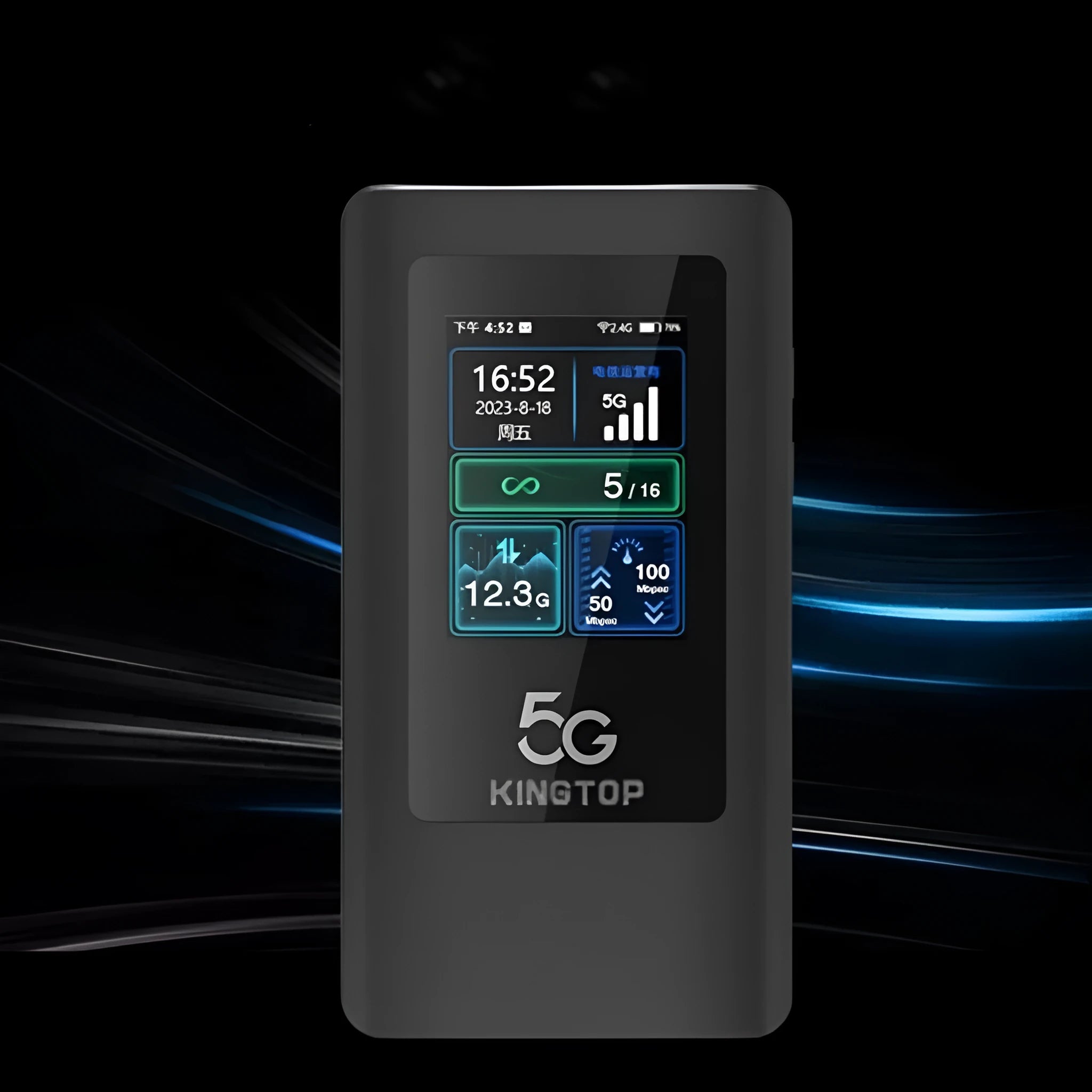 Black portable 5G Wi-Fi router showing LCD screen, USB Type-C port, and power button