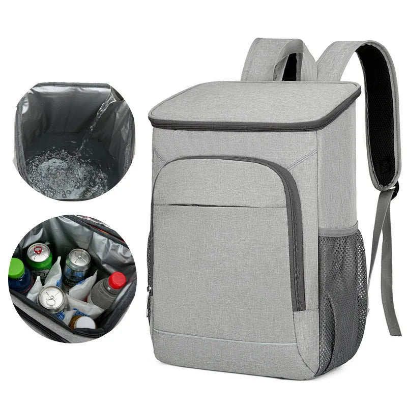 Large black outdoor thermal insulation backpack with curved shoulder straps shown open to reveal compartments