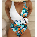 Women's high-waist one-piece bikini swimsuit in printed polyester fabric
