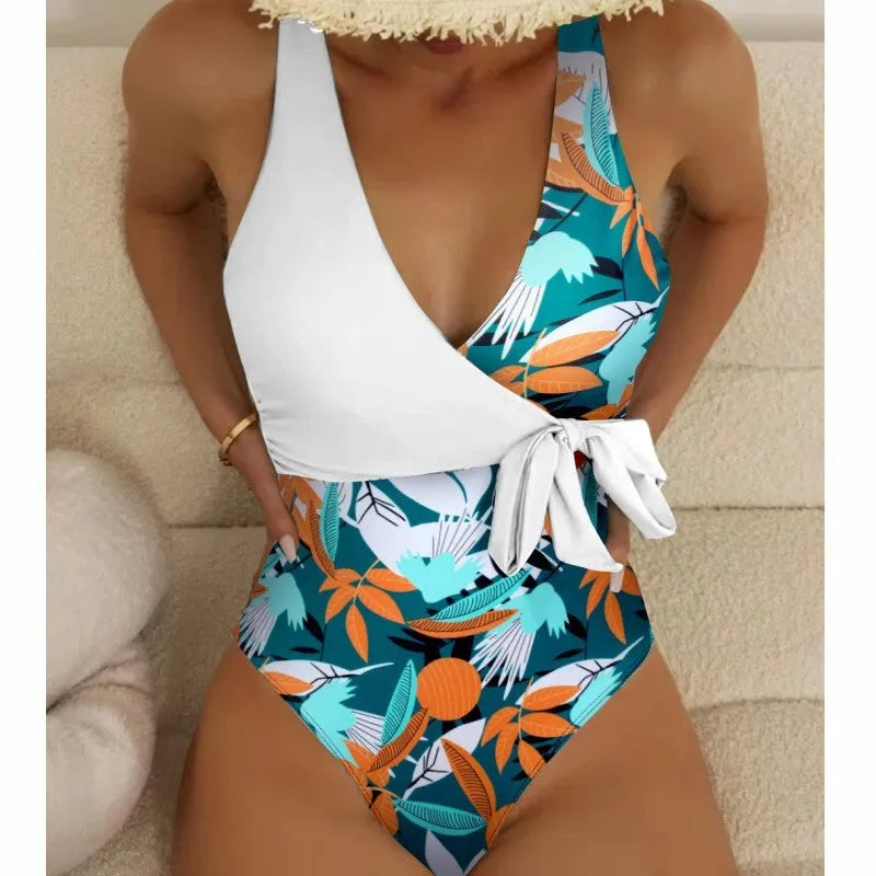 Women's high-waist one-piece bikini swimsuit in printed polyester fabric