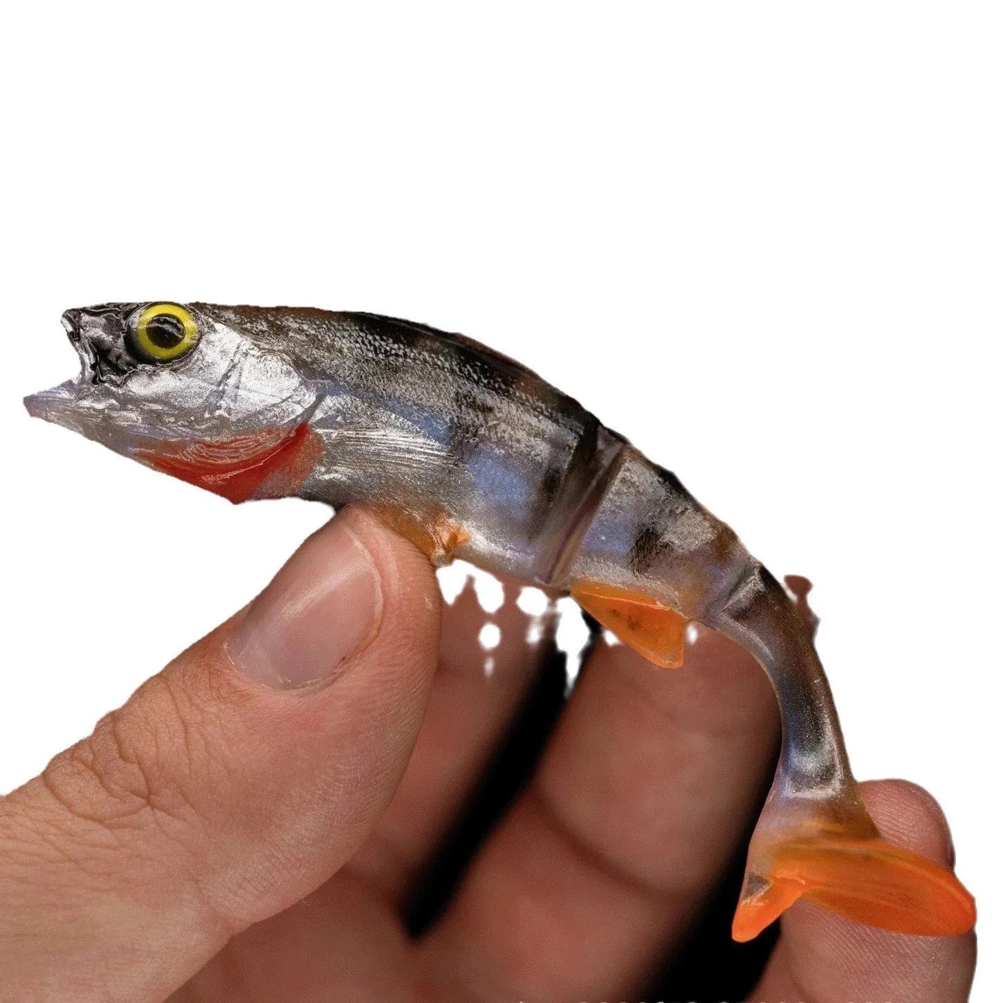 Fish-shaped soft fishing lure with T-tail design and realistic scales in natural fish colours