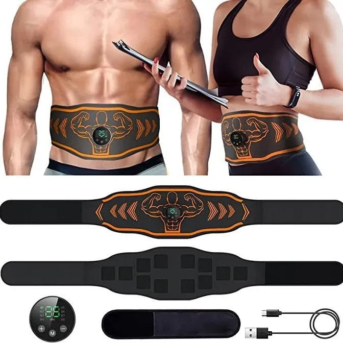 EMS abdominal massage belt with rechargeable host unit and separate arm electrodes in blue or orange