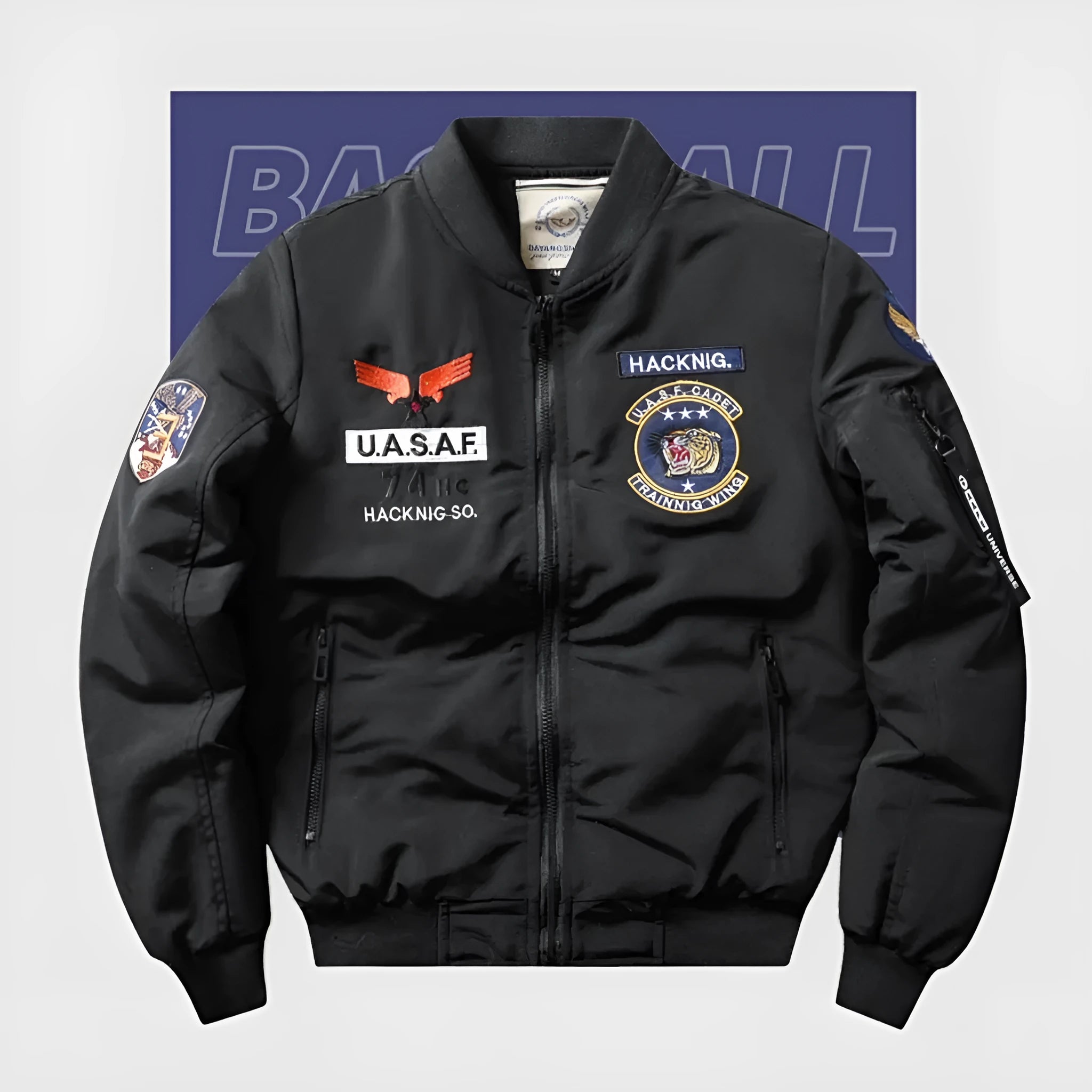 Men's slim-fit stand collar motorcycle coat in black with retro embroidery and patch pockets