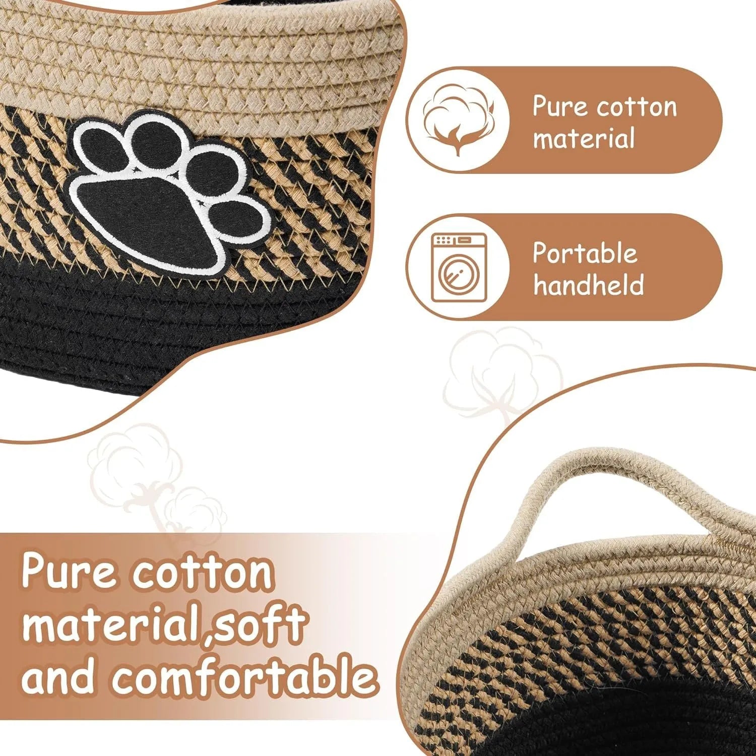 Light beige handmade cotton rope storage basket with wooden details and a handle.