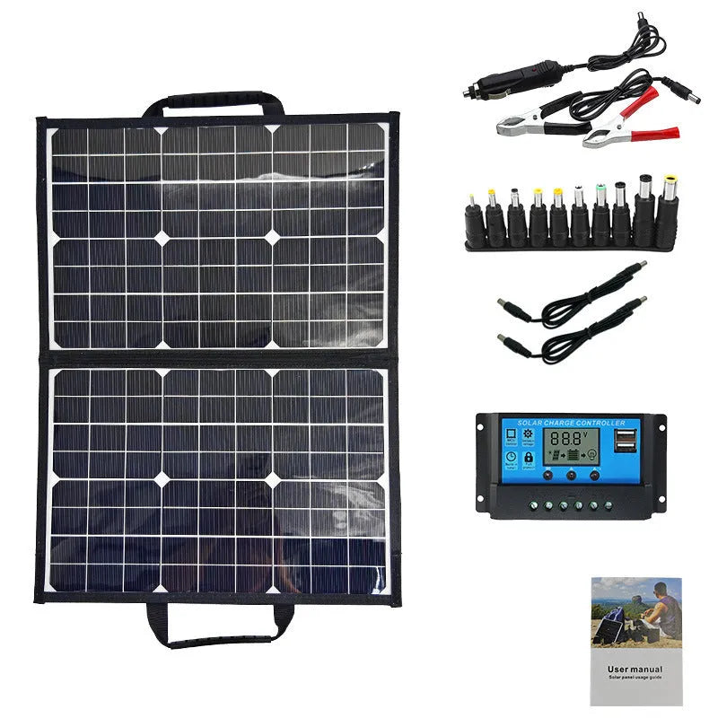Black 40W portable solar folding bag panel showing compact folded design for outdoor charging