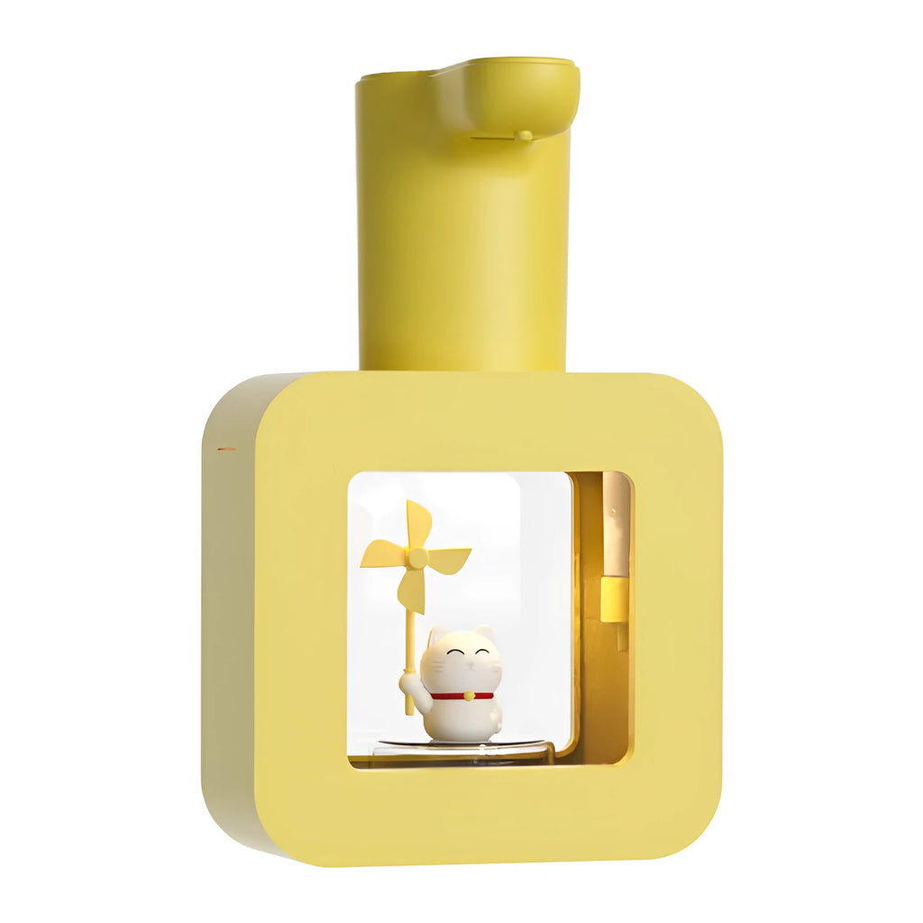 Yellow automatic soap dispenser with unicorn and kitten cartoon designs for children's bathrooms
