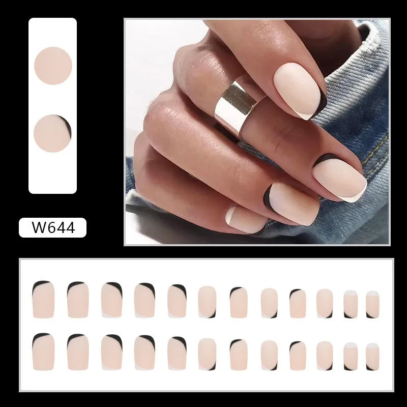 Black and white frosted false nails with Mandarin duck colour pattern and plastic protective armour