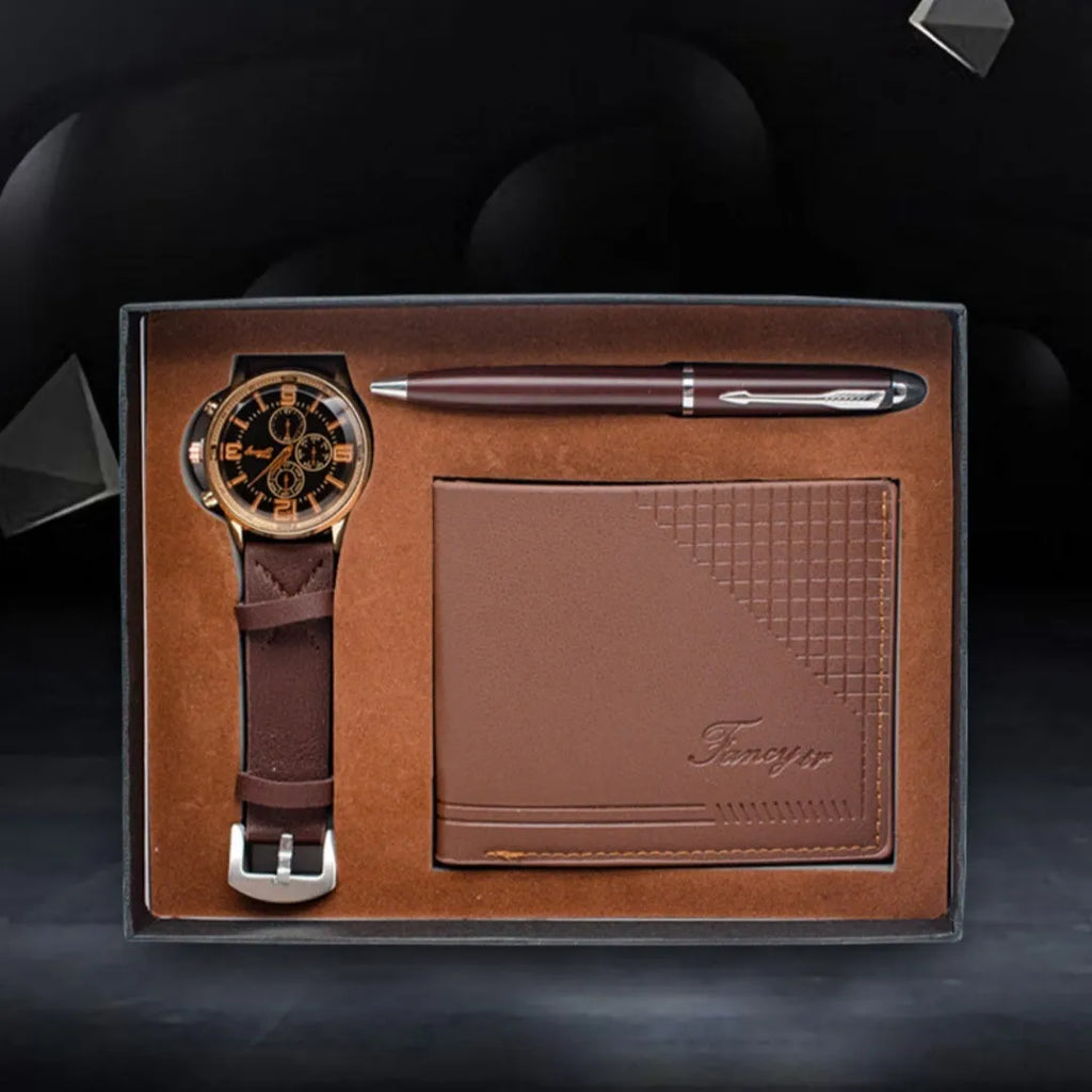 Creative holiday gift set with wallet, pen, and watch in black or brown modern simplicity styling
