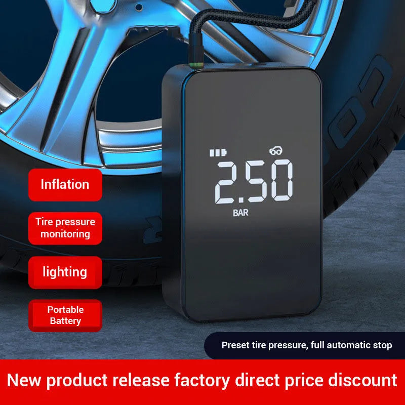 Wireless digital display car tyre inflator pump with hose and nozzles on a grey background.