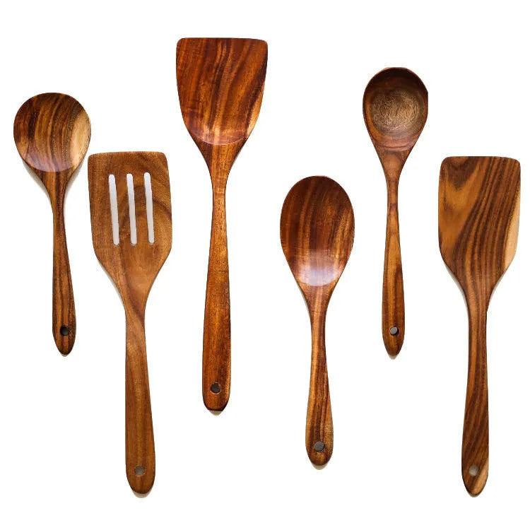 Seven-piece wooden cooking utensil set with natural finish for non-stick pans