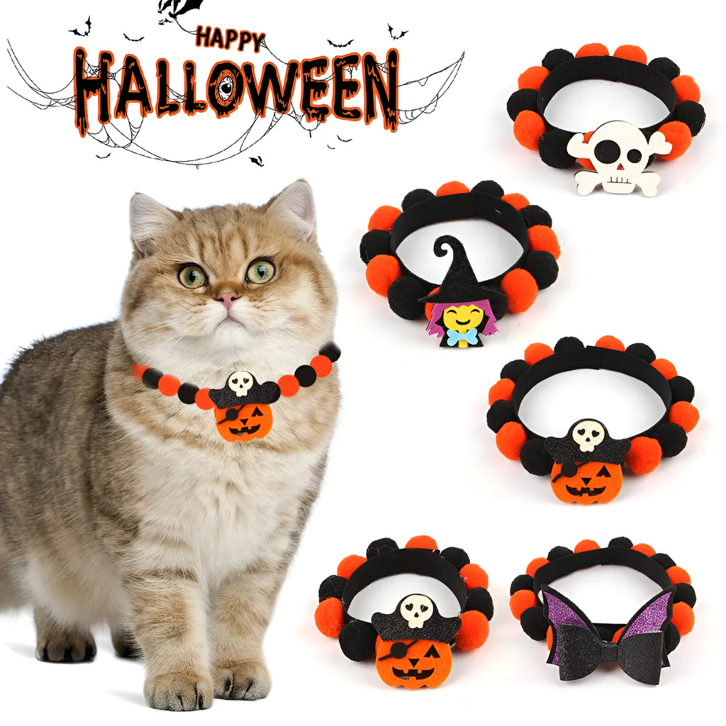 Halloween pet collar with decorative fur ball in pumpkin, skull, or witch style