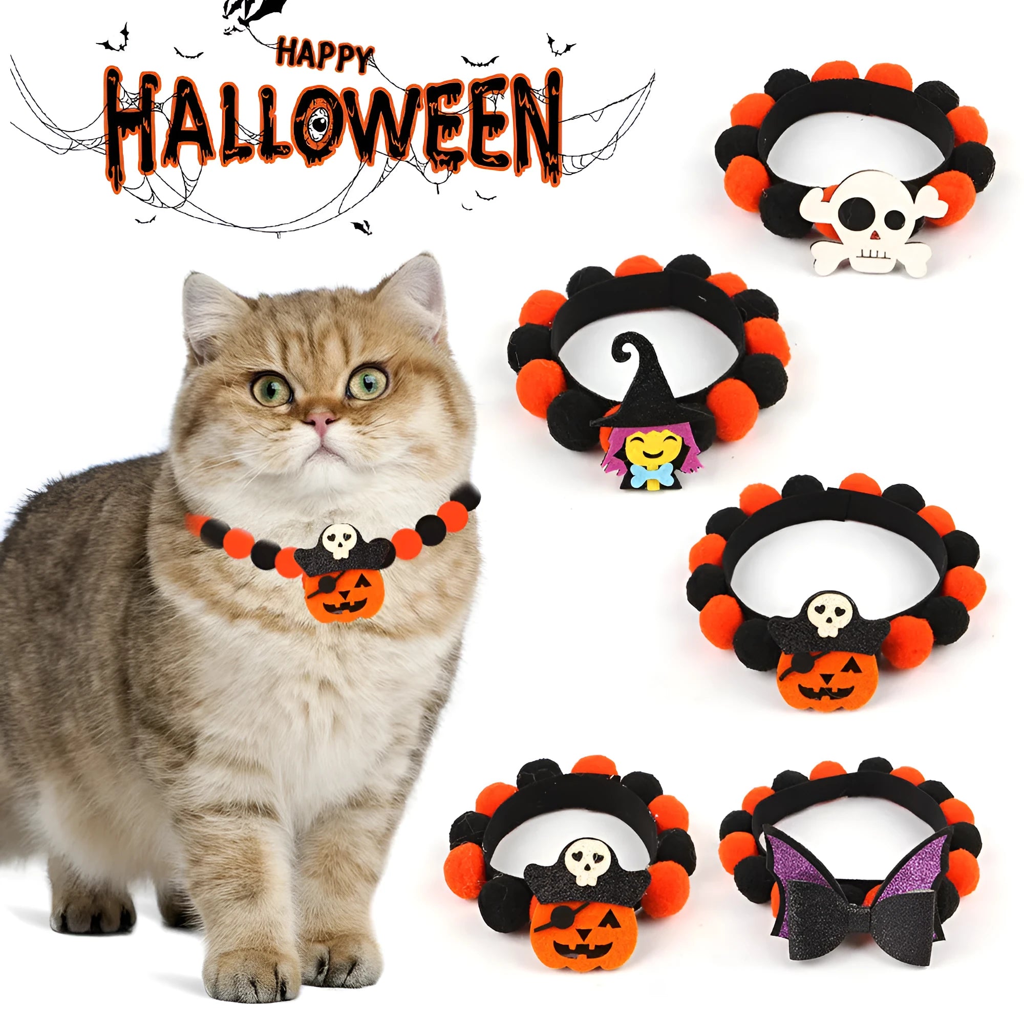 Halloween pet collar with decorative fur ball in pumpkin, skull, or witch style