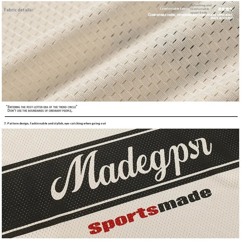 Apricot loose V-neck sports jersey with letter pattern and drop-shoulder sleeves on a hanger.