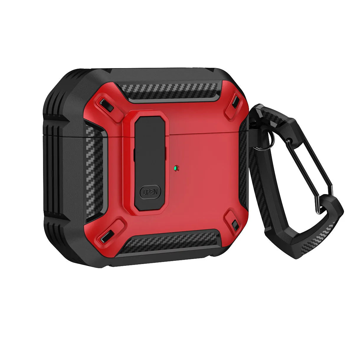 Two-tone black and yellow plastic AirPods protective case with a metal hook attached.