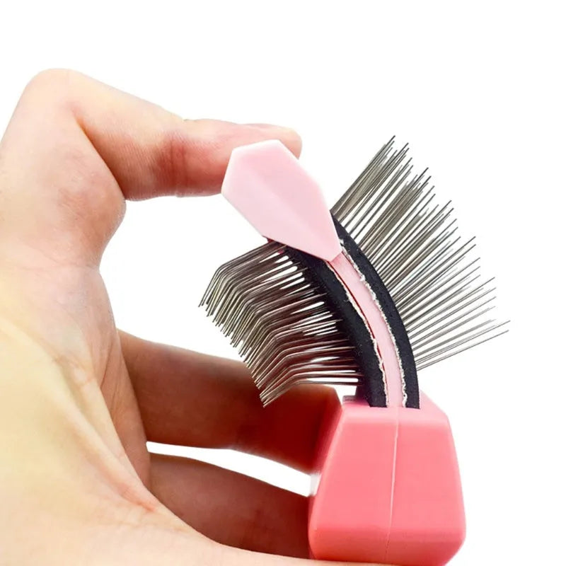 Double-sided pet brush with stainless steel pins on one side and soft bristles on the other