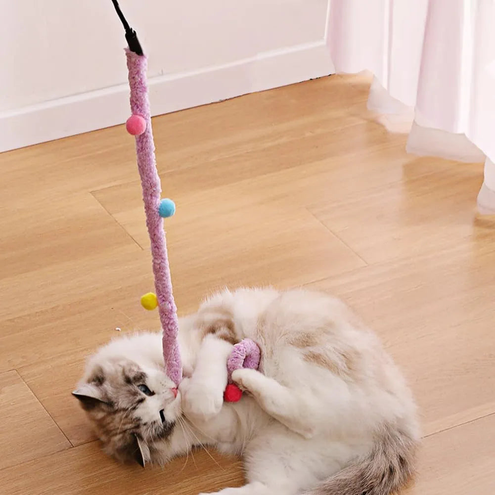 Blue cat wand toy with extended plush strip and colourful ball with bells for interactive feline play