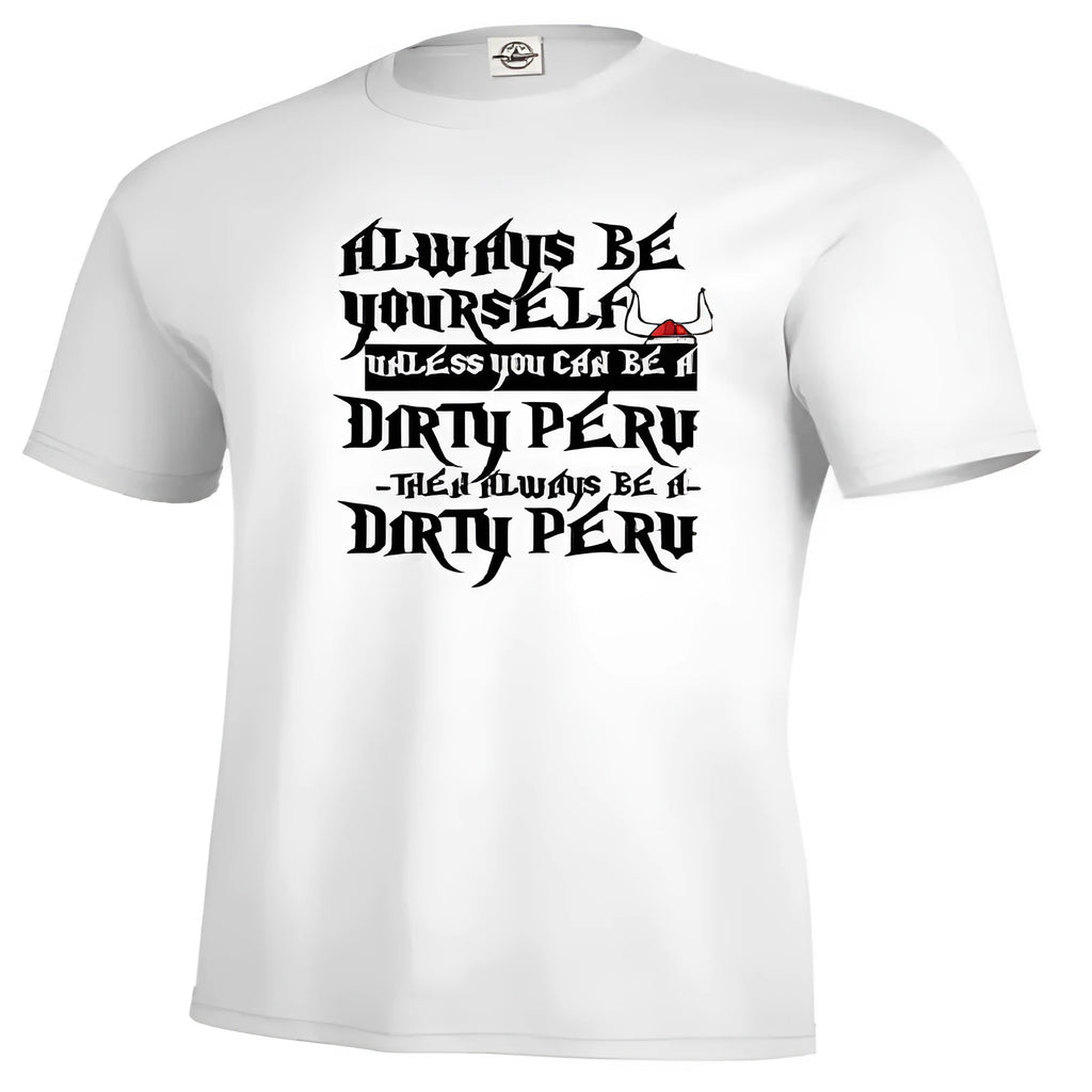Men's white printed short sleeve casual T-shirt laid flat, straight cut, made from polyester.