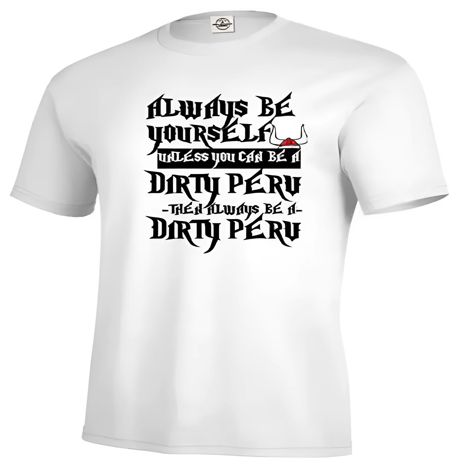 Men's white printed short sleeve casual T-shirt laid flat, straight cut, made from polyester.