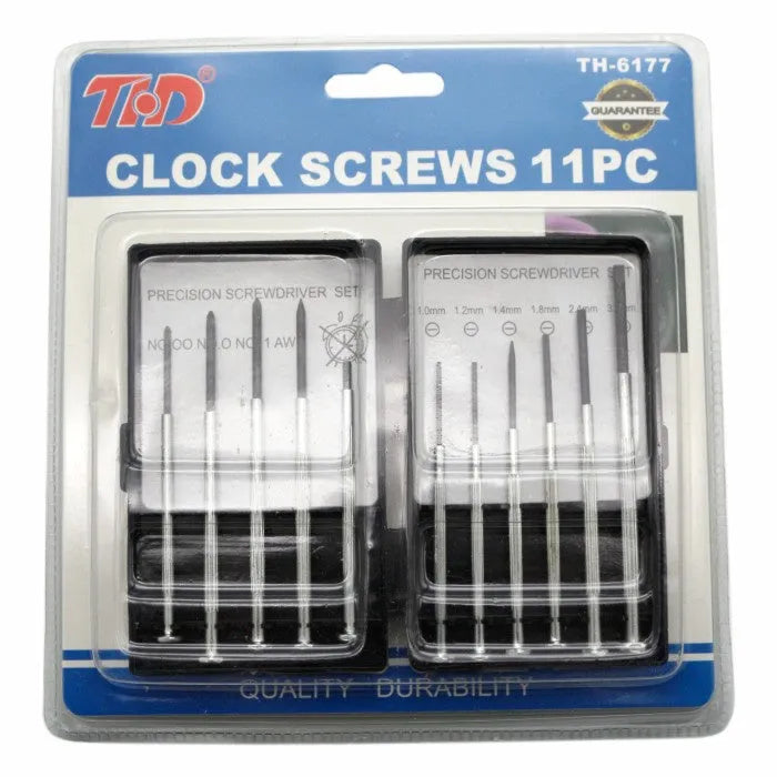 TH-6177 11-piece clock screwdriver set with various bits on a blue background.