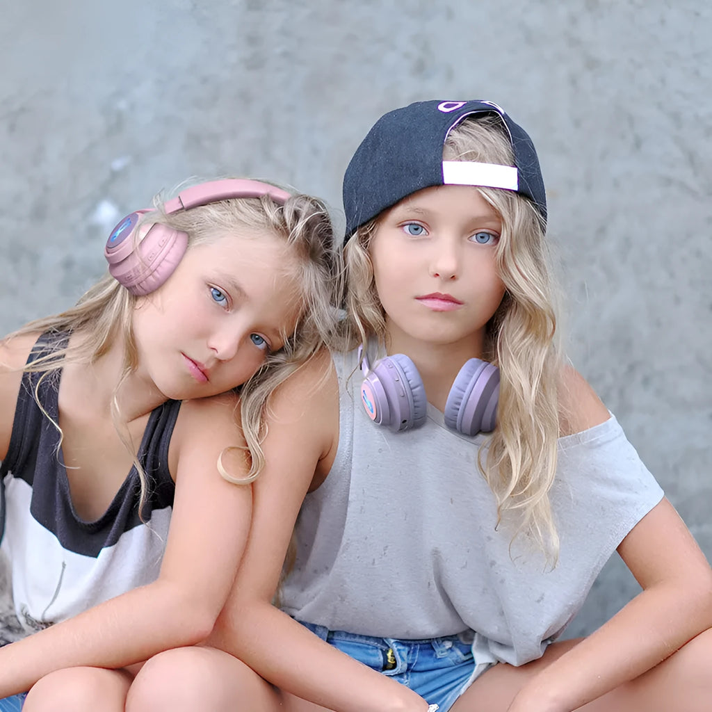 Wireless children's headphones with RGB bunny ear lights in purple colour showing stereo sound and call functionality