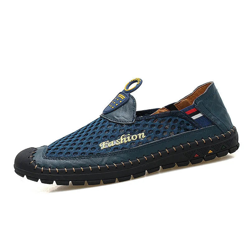 Men's brown casual mesh shoes with round toe and rubber sole