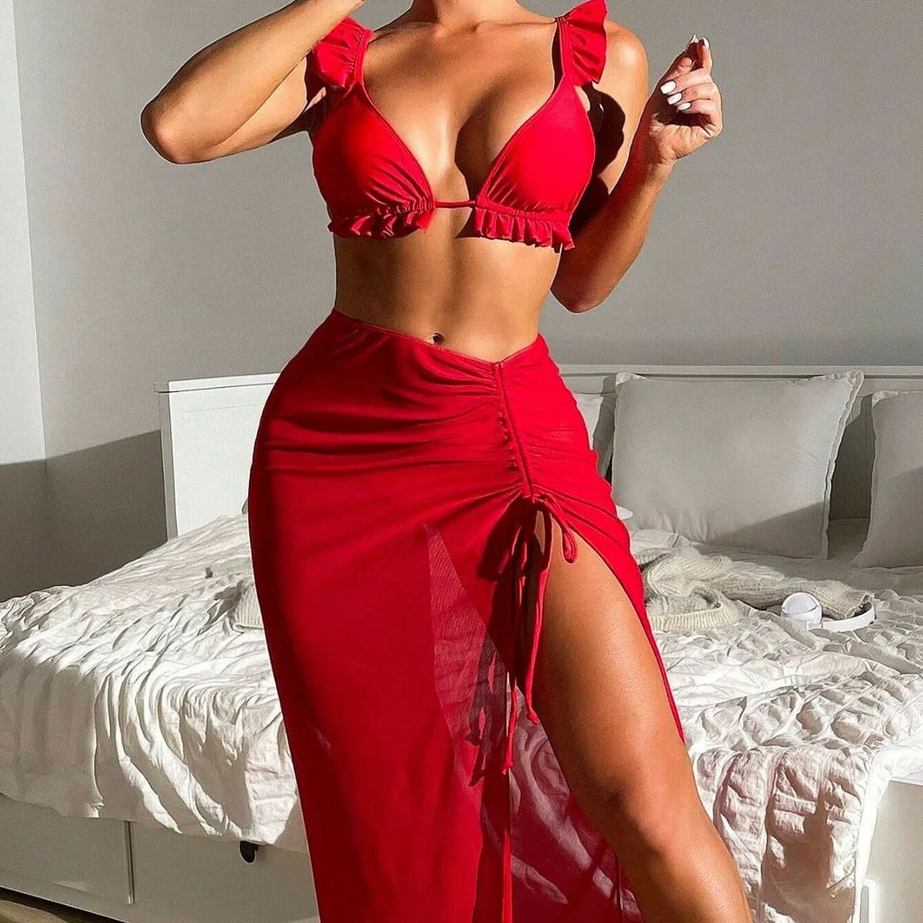 Women's printed split swimsuit three-piece set with bikini and skirt in multiple colour options