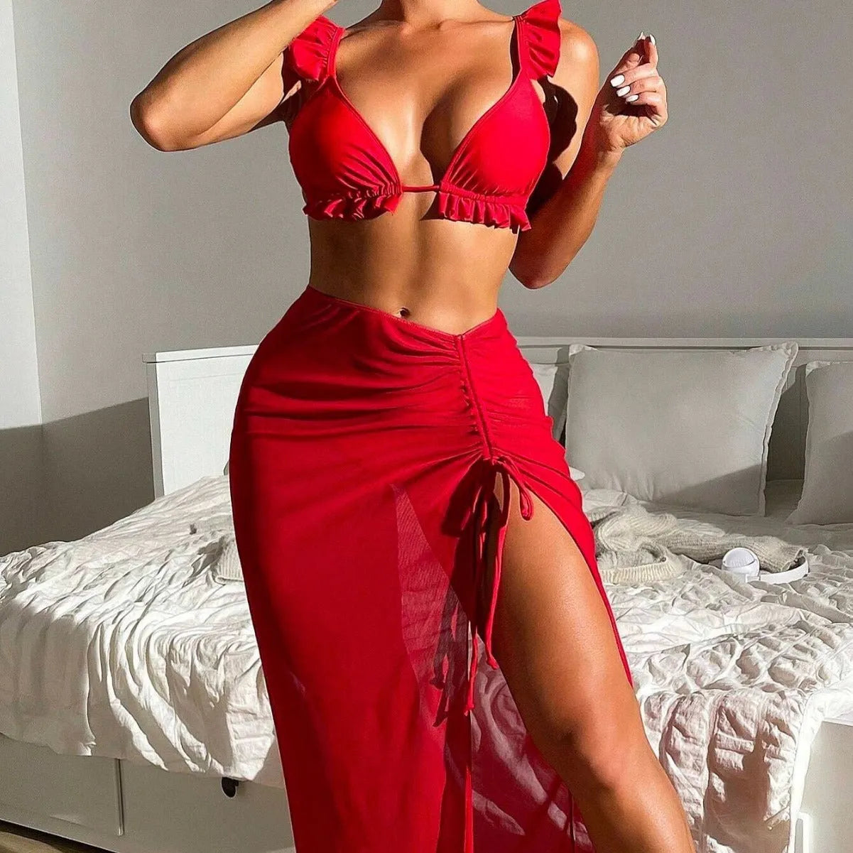 Women's printed split swimsuit three-piece set with bikini and skirt in multiple colour options