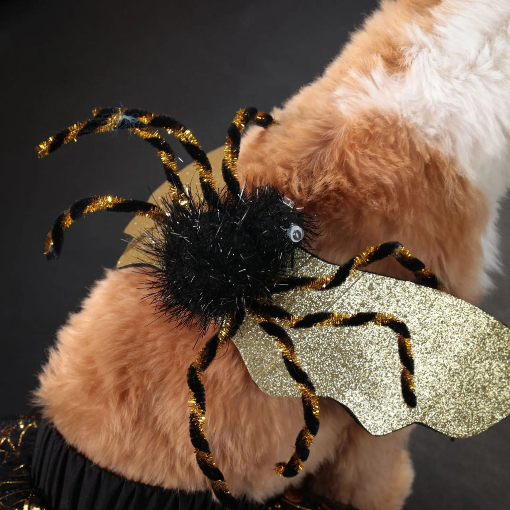 A dog wearing a simple polyester suit costume for a Halloween party.
