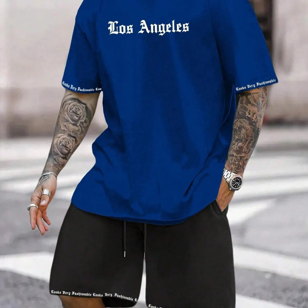Sports style short-sleeved top and matching shorts set in solid colour on hanger